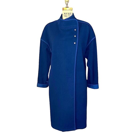 Vintage 70s Blue Wool blend high neck wrap coat - Picture 1 of 14